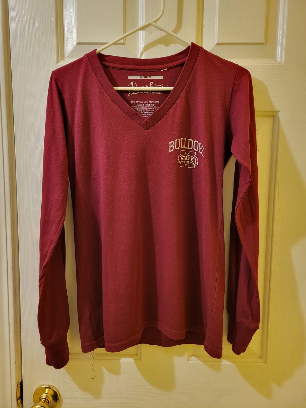 Mississippi State Bulldogs Women's Long Sleeve V-Neck Shirt Maroon Thumb Holes